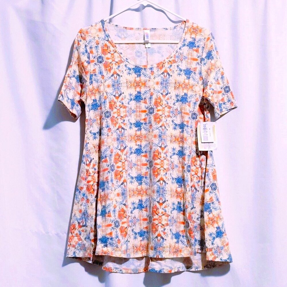 LuLaRoe Perfect T Womens XS Multicolor Tan Orange Blue Geometric Design NEW